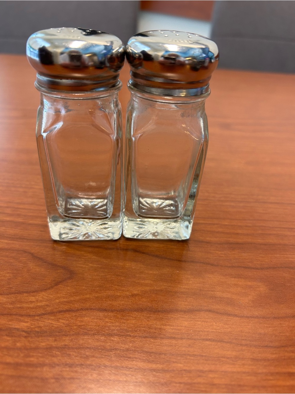 Indiana Glass Vintage Heavy Glass Block Base S&P Shakers. Stainless Steel Lids.